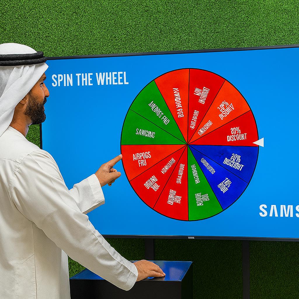 Arab male playing Spin the Wheel game at an exhibition event in Dubai, wearing traditional kandura, fully branded setup with digital screen and prize display, engaging crowd.